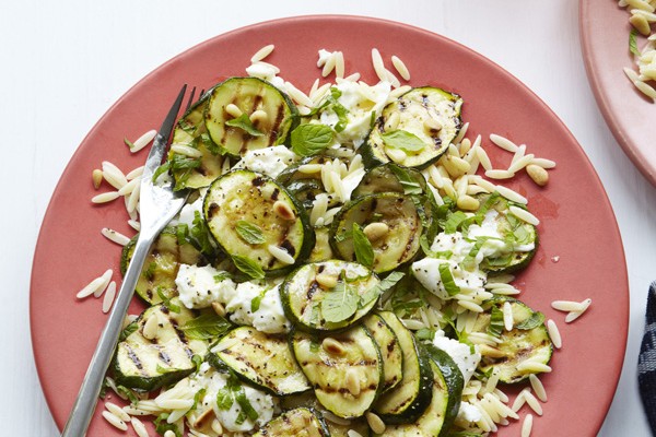 Griddled courgette, pine nut, and mozzarella salad