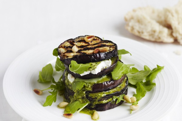 Aubergine stacks with pesto, pine nuts and goat’s cheese