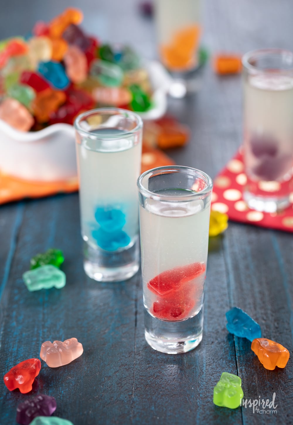 gummy bear shots in shot glasses with gummy bears.