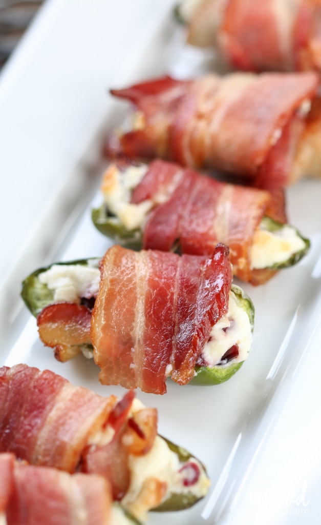 Jalapeños filled with cream cheese and wrapped with crisp bacon as easy hors d'oeuvres