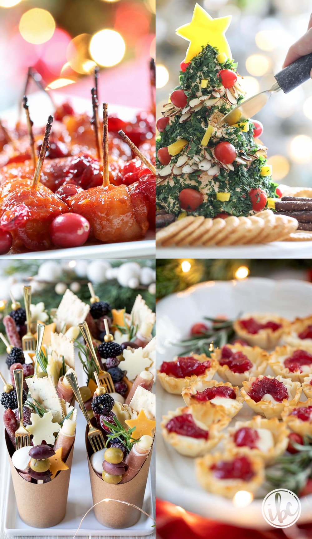 four christmas appetizer recipes including a christmas tree cheese ball, cranberry brie cups, bacon wrapped water chestnuts, and charcuterie cups. 