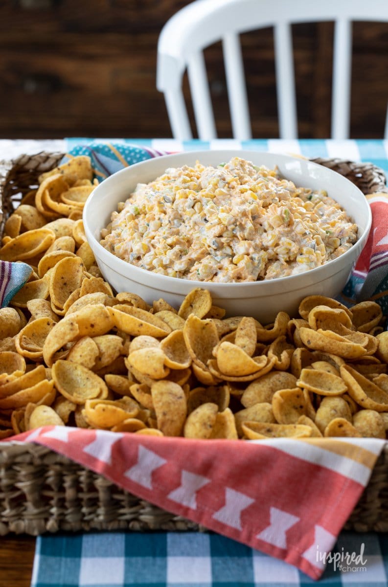 corn dip with Fritos in basket.
