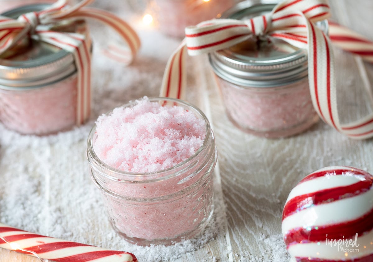 peppermint sugar scrub in small jar.