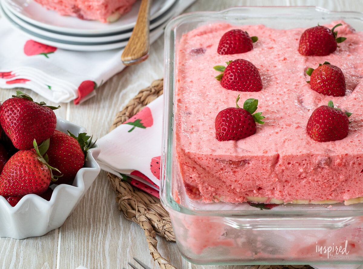 strawberry jello salad in pan.