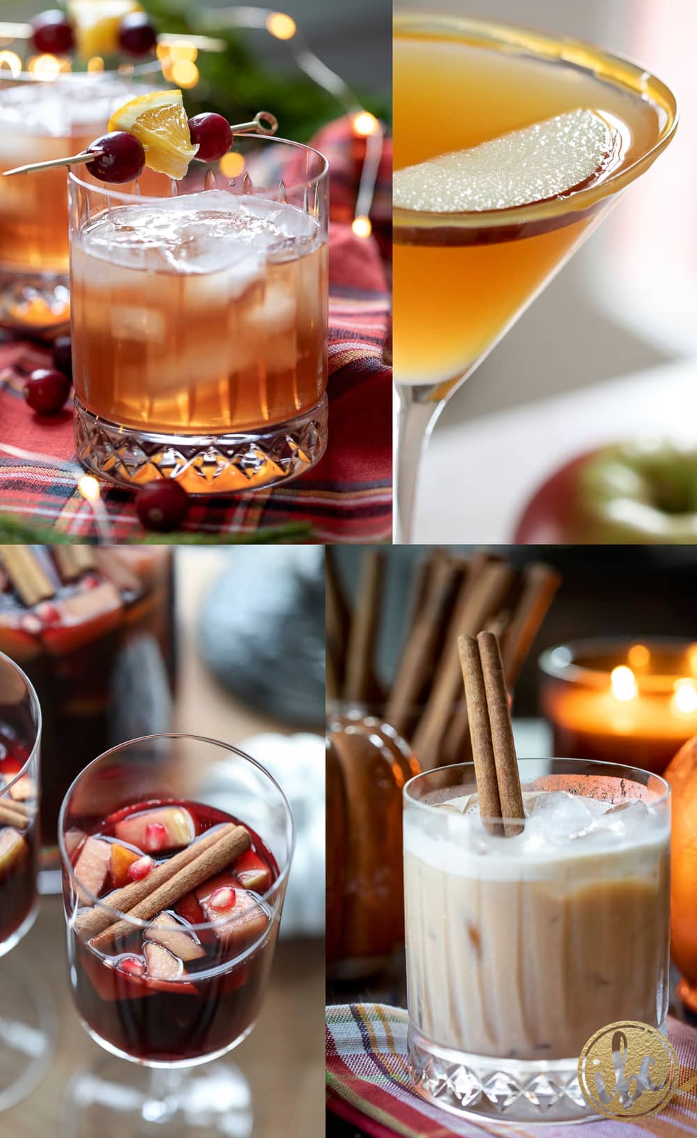 four festive and delicious thanksgiving cocktail recipes in wine, martini, and rocks glasses.