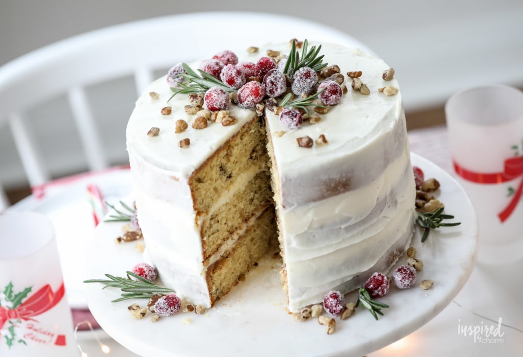 black walnut cake with sugared cranberry toppers