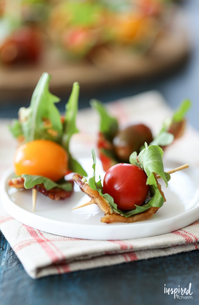 Avocado-Pesto BLT Bites on a plate. 
