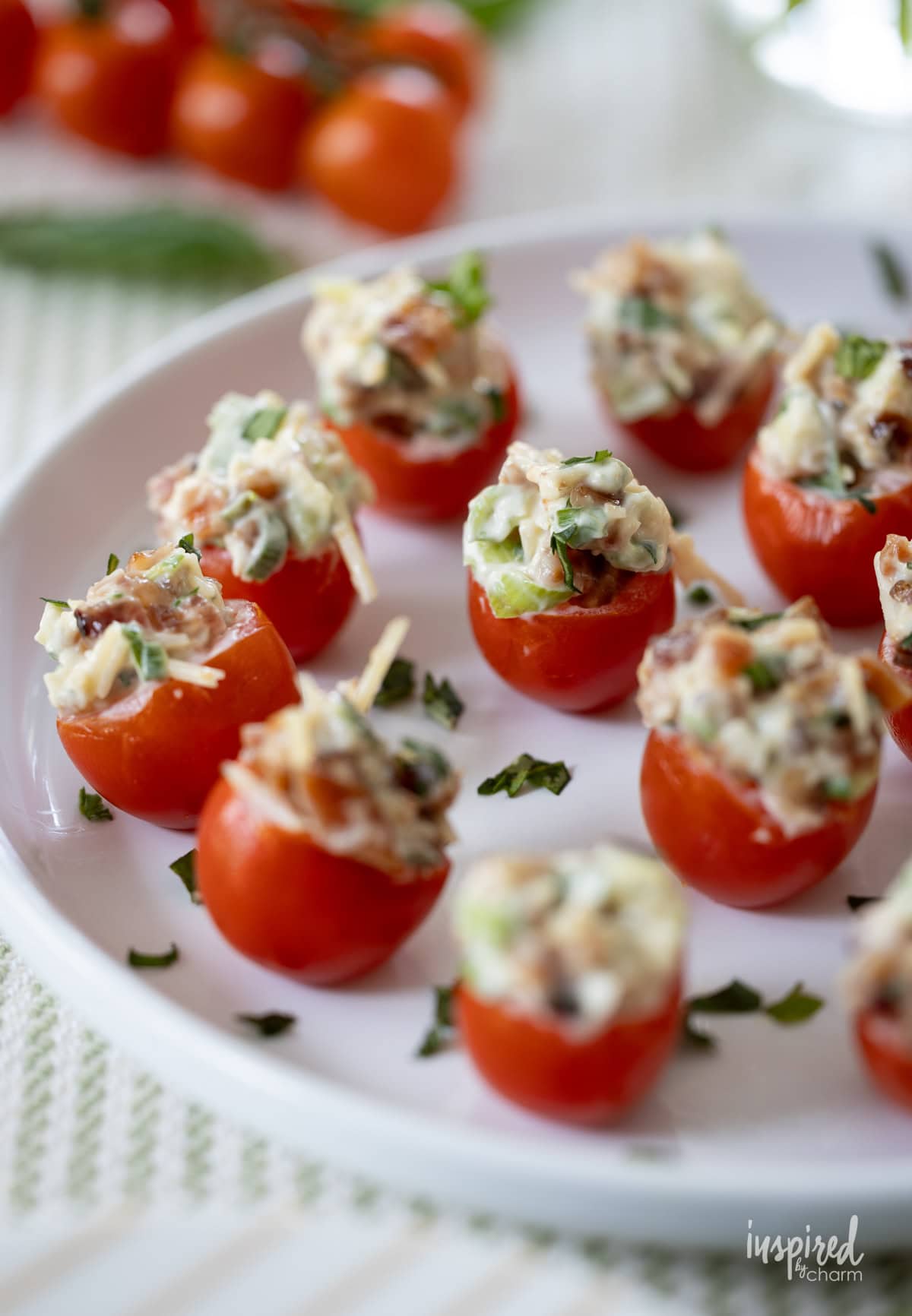 plate of BLT bites stuffed with bacon.