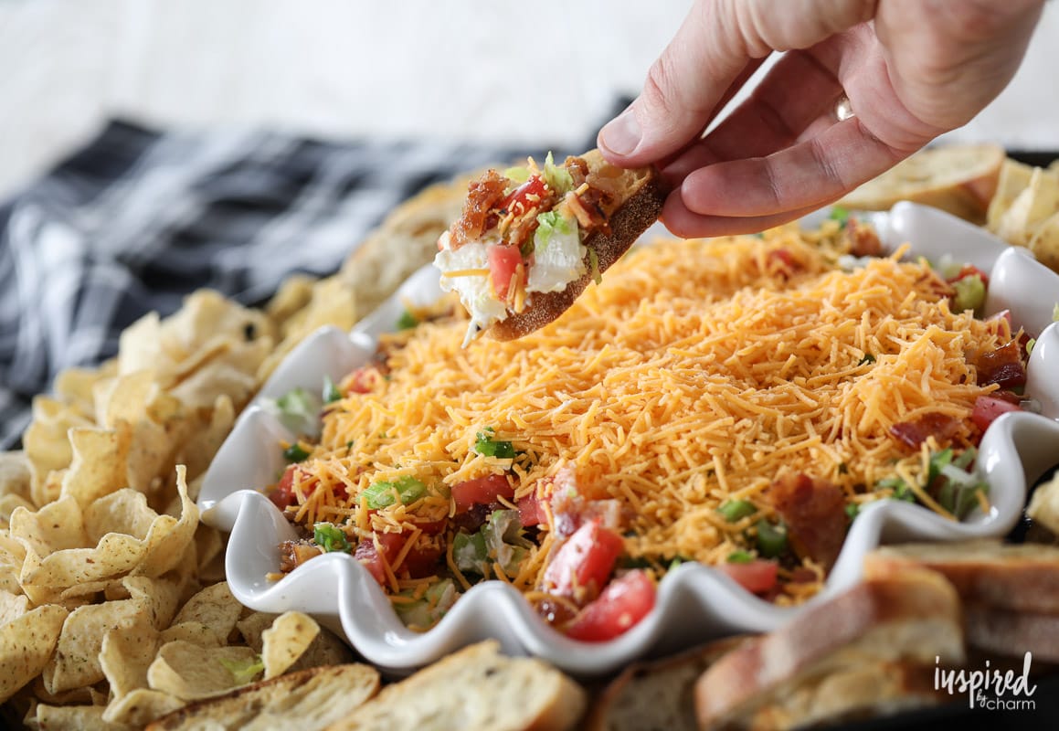 Delicious and easy BLT dip recipe layered with bacon, lettuce, tomato, and cheese! #appetizer #dip #BLT #recipe #bacon