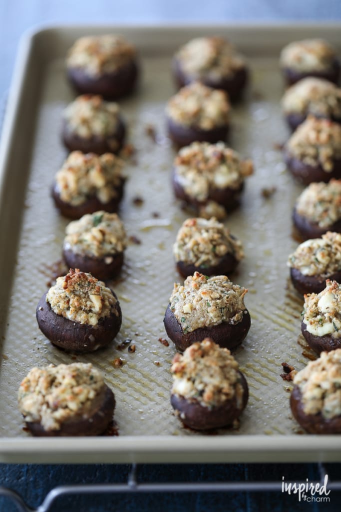 bake Walnut and Blue Cheese-Stuffed Mushrooms on a sheet pan.