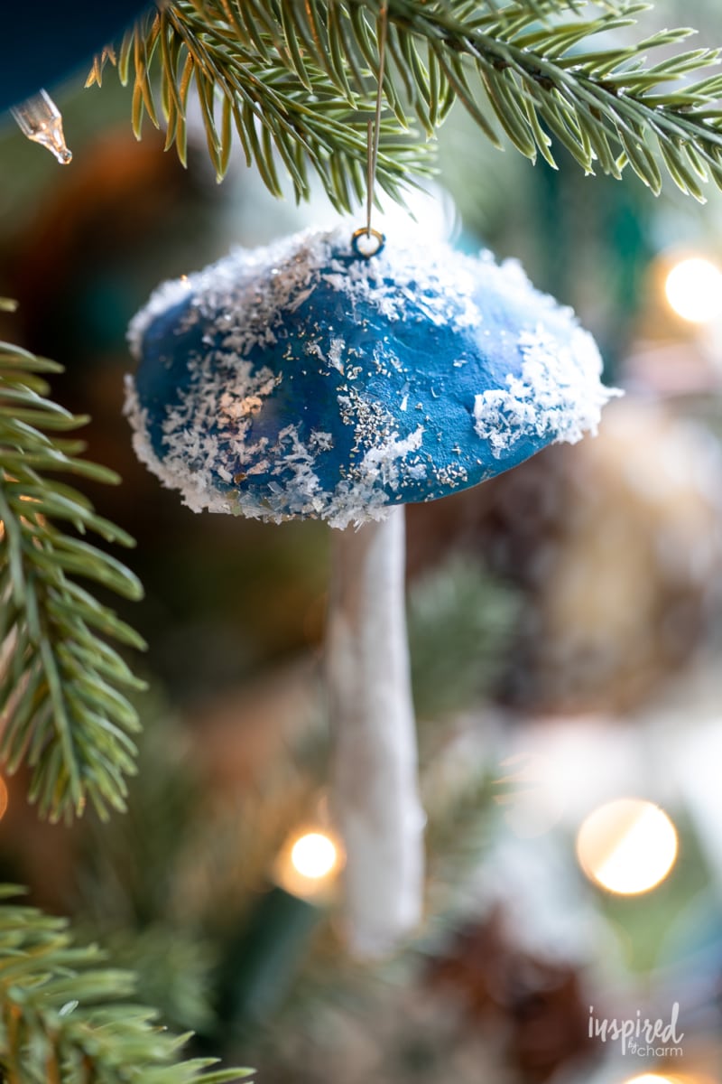 DIY Clay Mushroom Ornament on a Christmas tree.