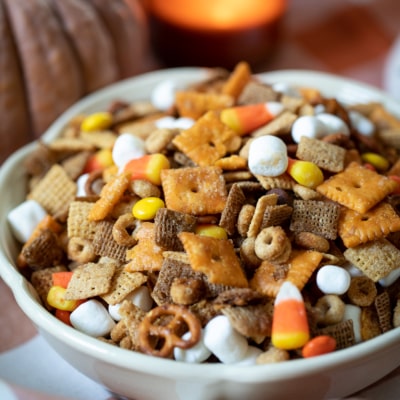 Sweet and Salty Fall Snack Mix in a bowl.