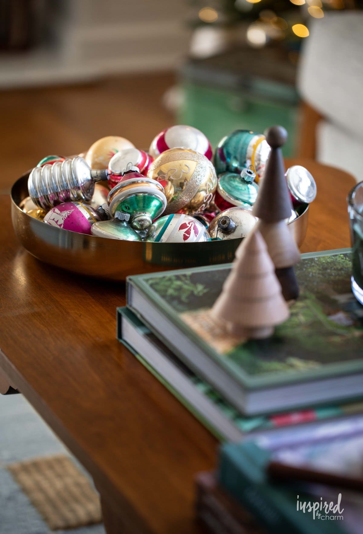 brass bowl of vintage ornaments. 