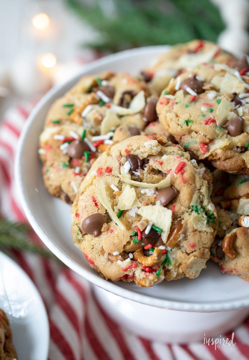 kitchen sink cookies on a cake stand.