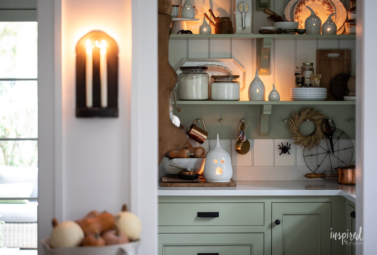 kitchen butlers pantry decorated for halloween.