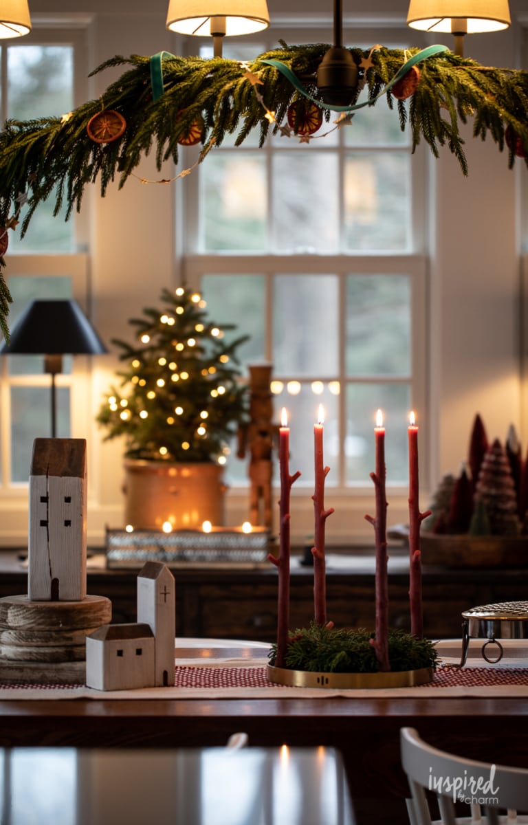 Christmas lights dining room.