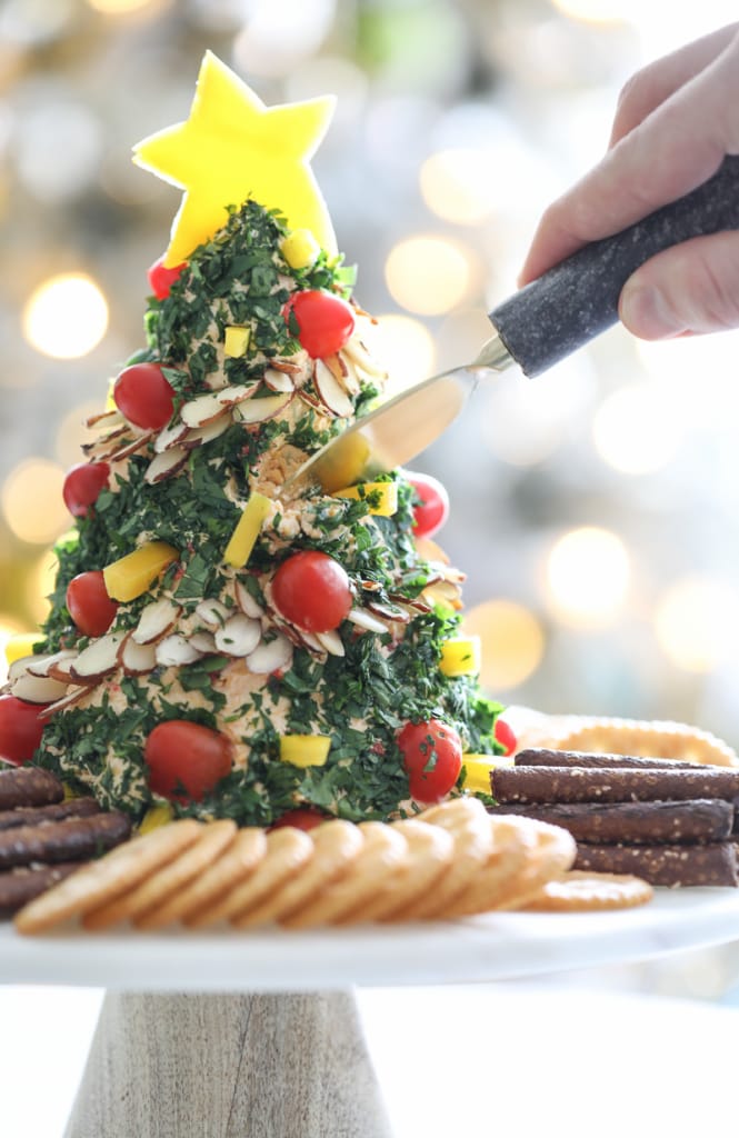 cheeseball shaped like a Christmas tree for party appetizers