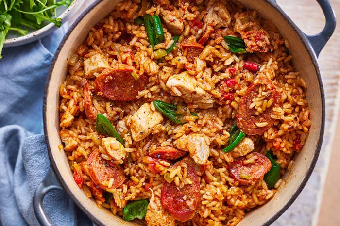 Chicken and chorizo jambalaya in a dish