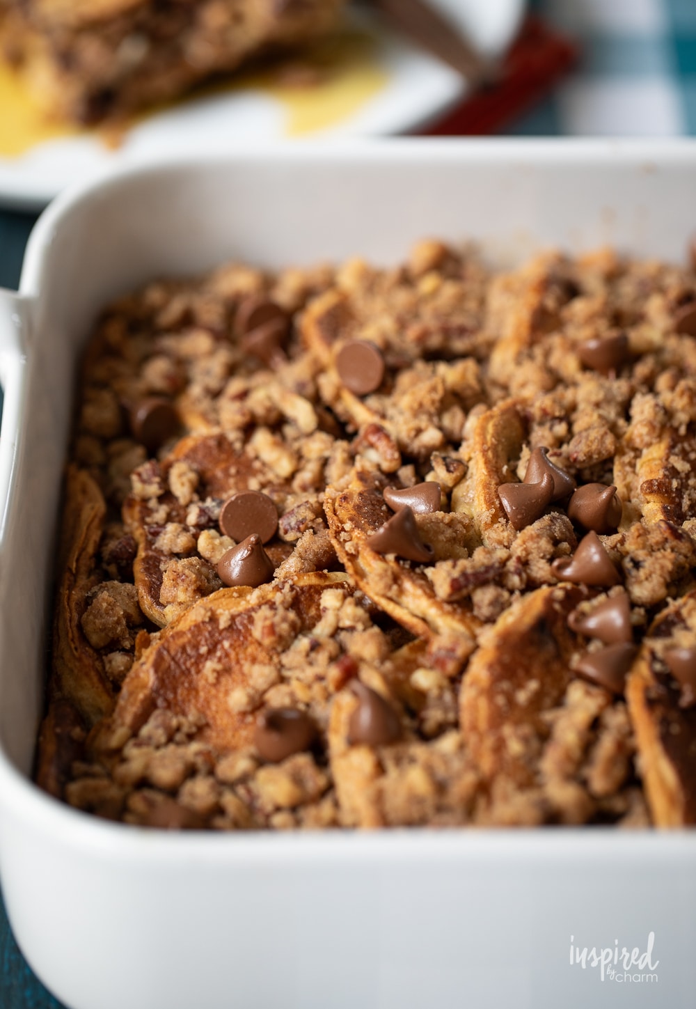 close of of a pan of chocolate chip pancake casserole.