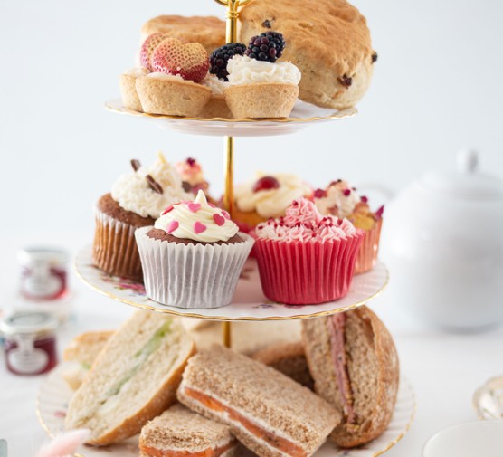 Sweet and savoury afternoon tea selection on three tier cake stand