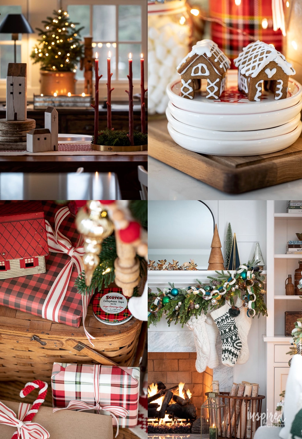 cozy christmas images with wrapped gifts, mantel decor with fireplace, gingerbread cookies, and candles.