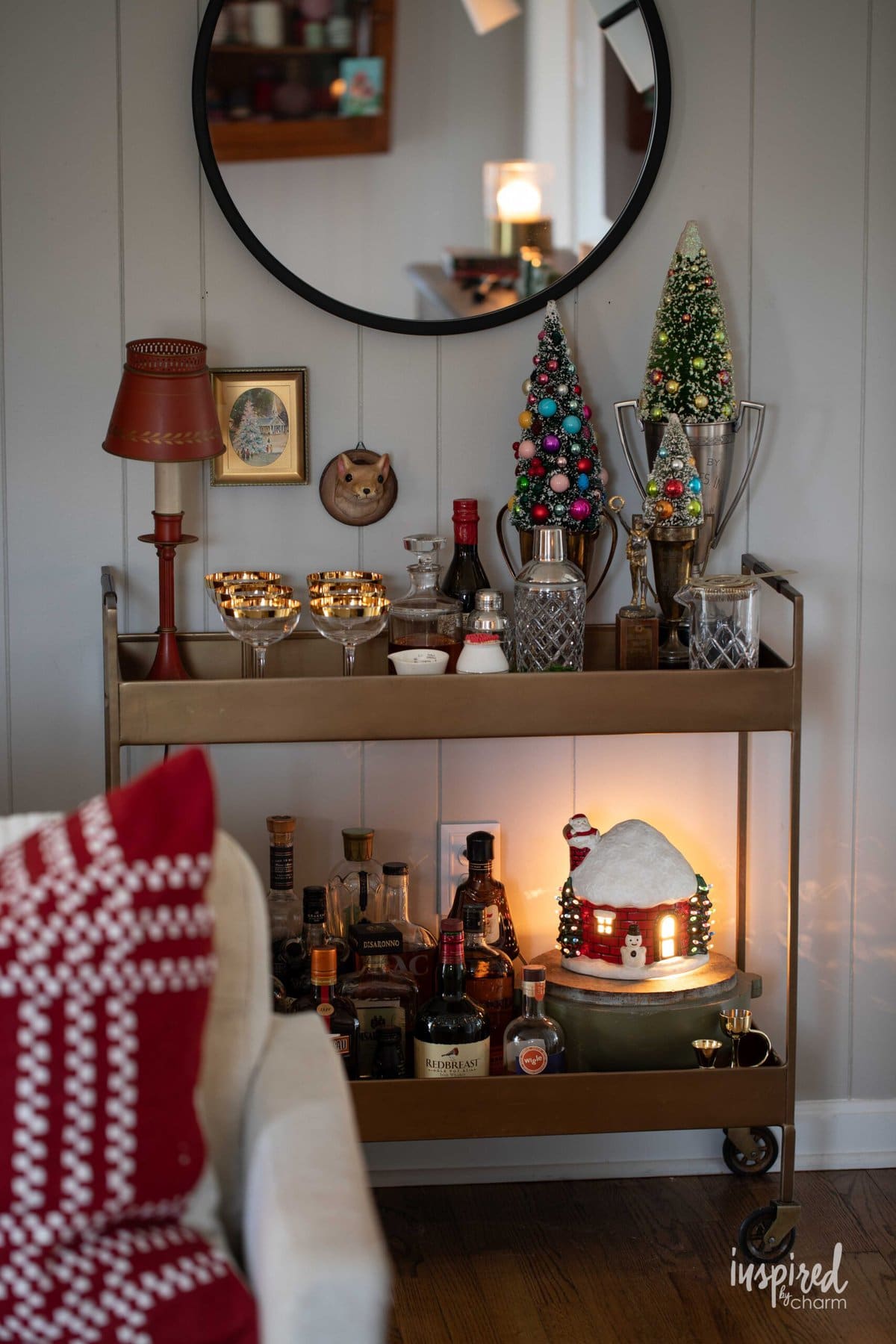 bar cart with christmas decor. 