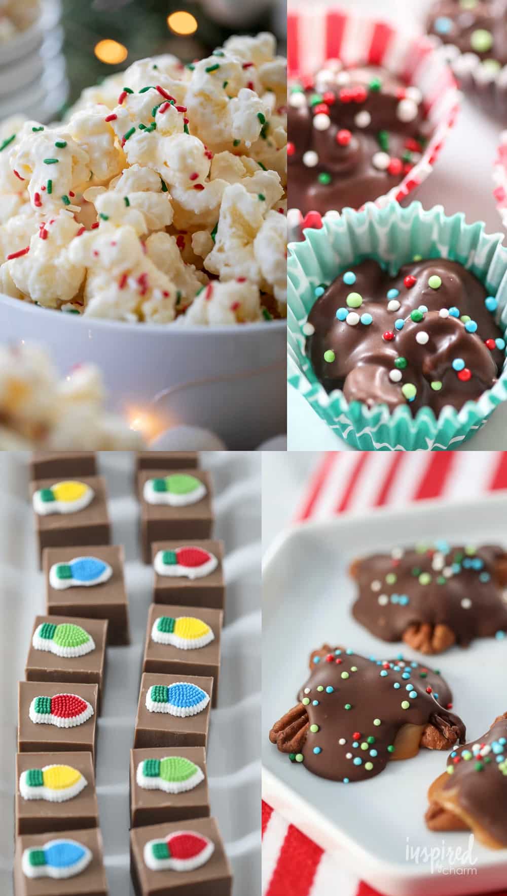 four homemade Christmas themed candies on plates.