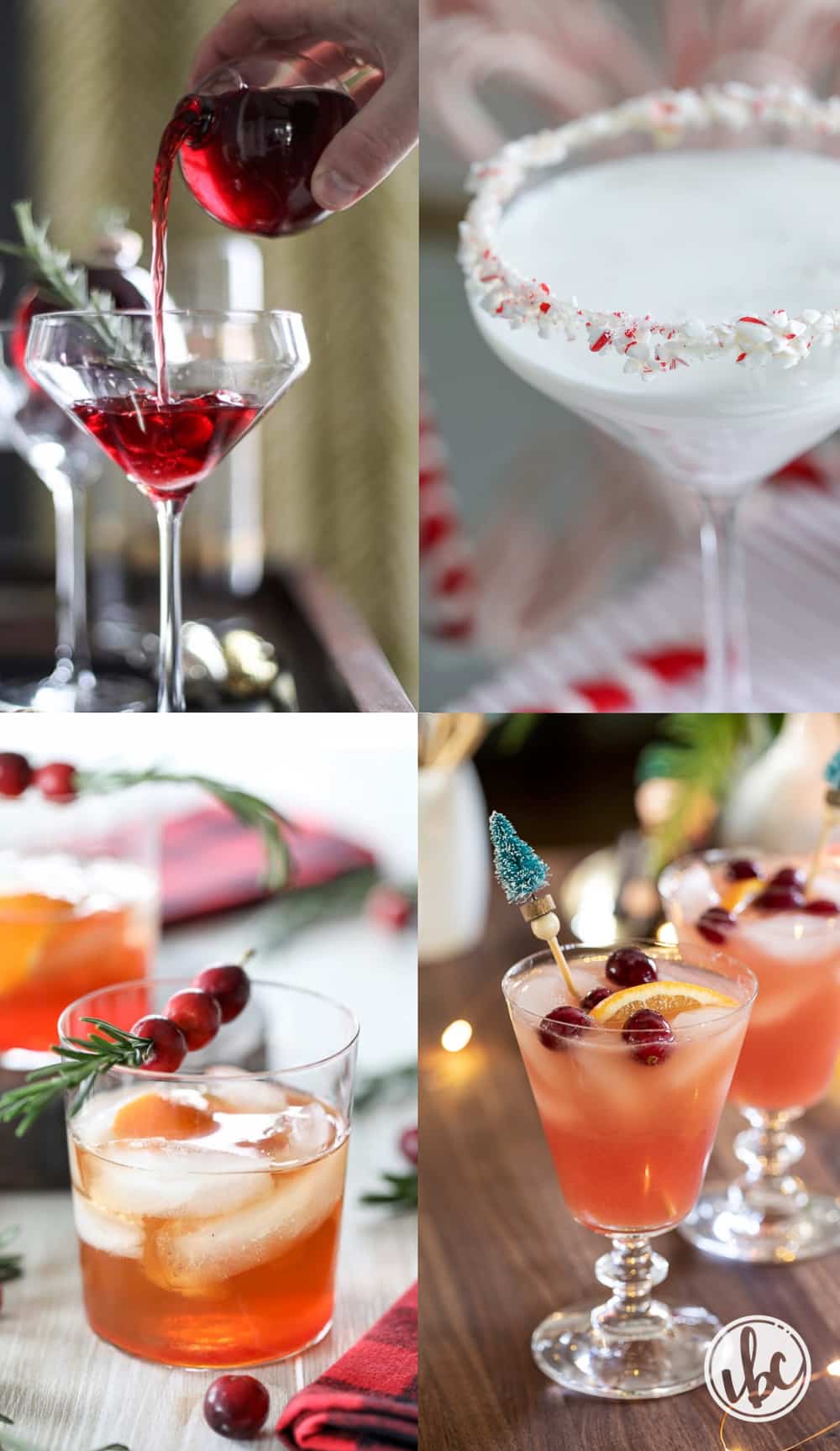 collage of four unique Christmas cocktails in a festive setting.