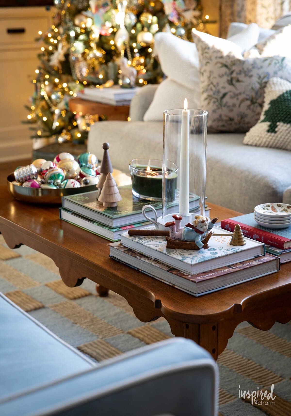 vintage wood coffee table decorated for Christmas.