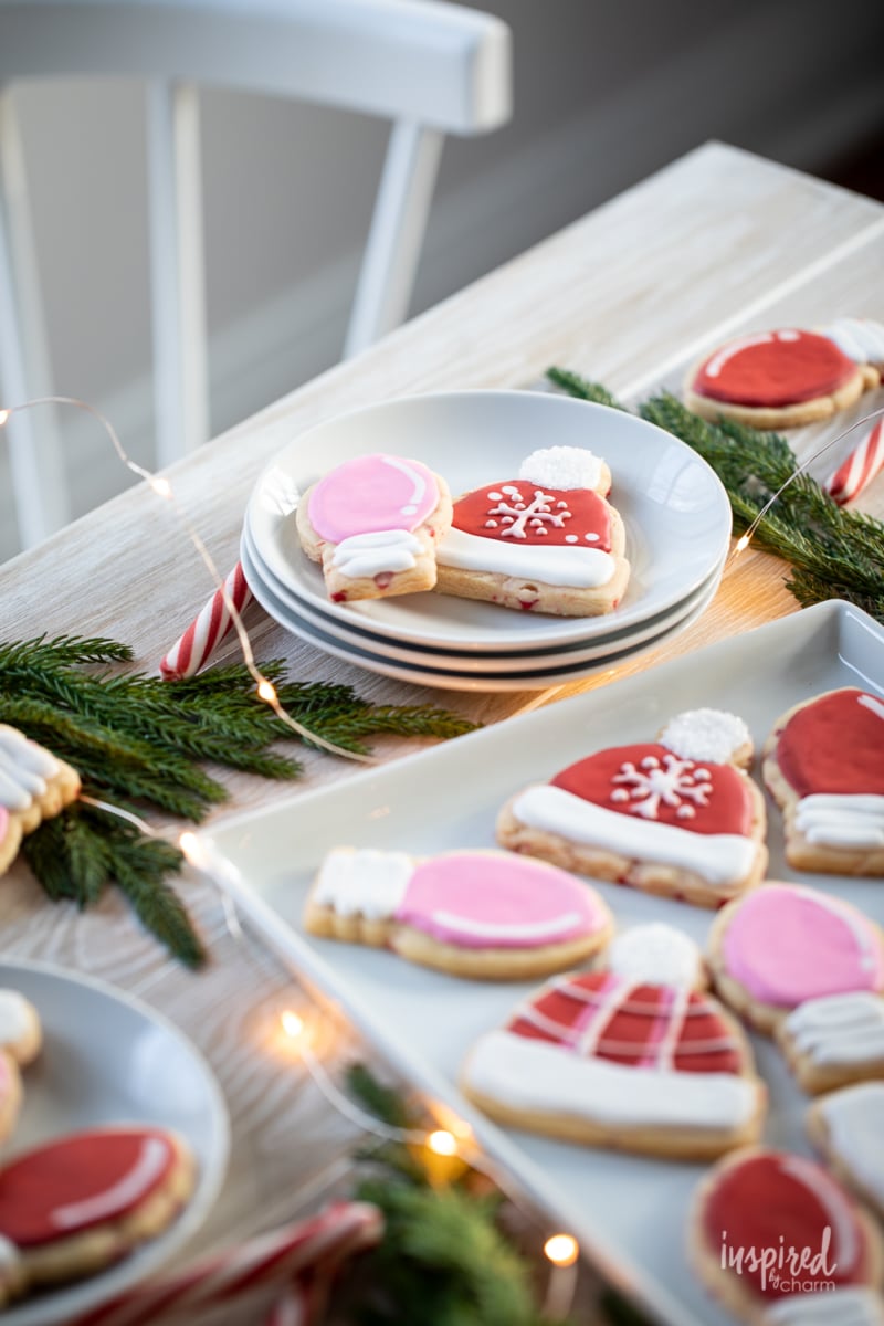 Peppermint Sugar Cookies on a white platter. 