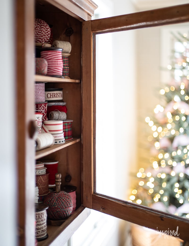 My Christmas Ribbon Cabinet #christmas #ribbon #wrapping #decor #decorations #holiday #christmasribbon 