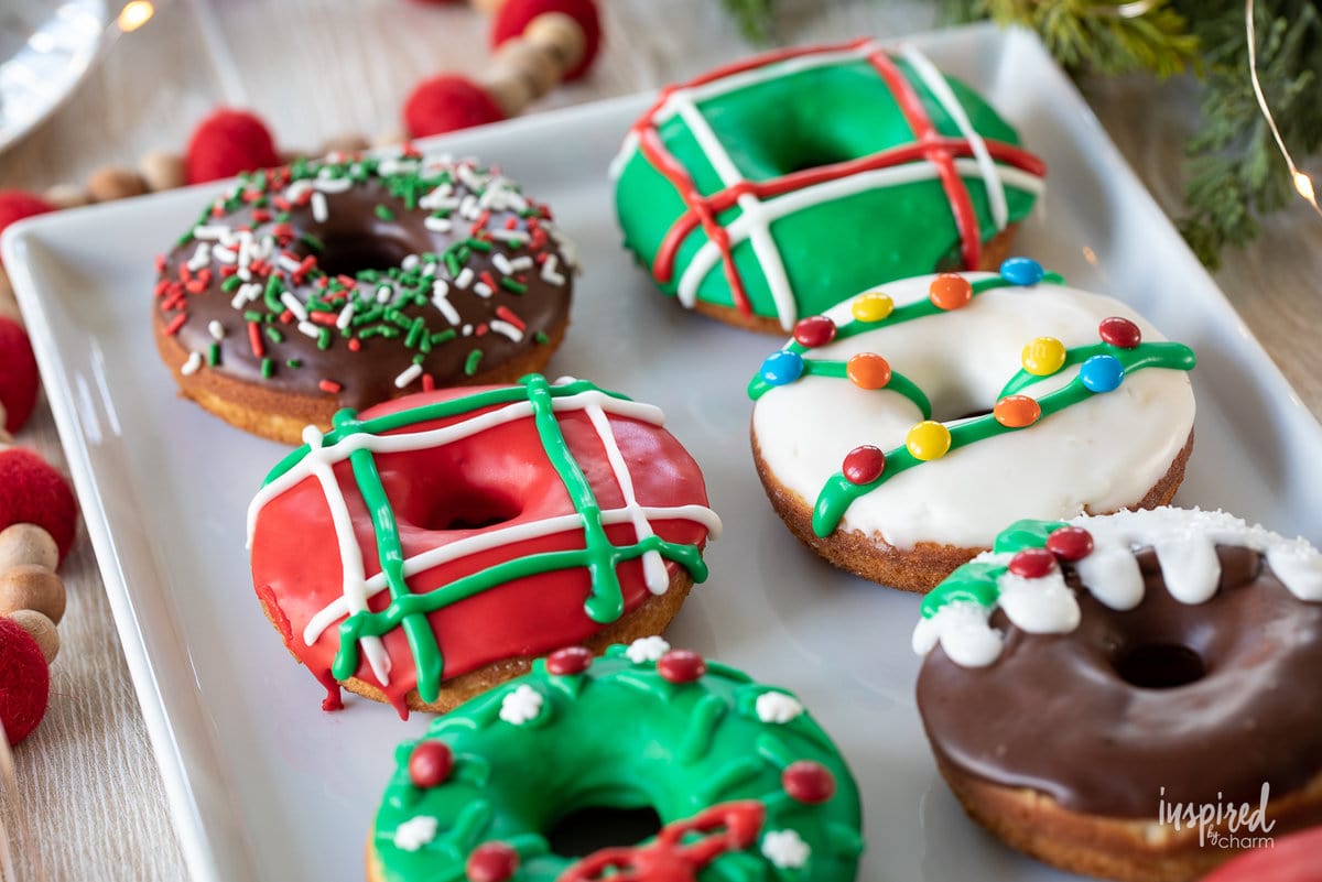 close up for christmas donuts on a platter.