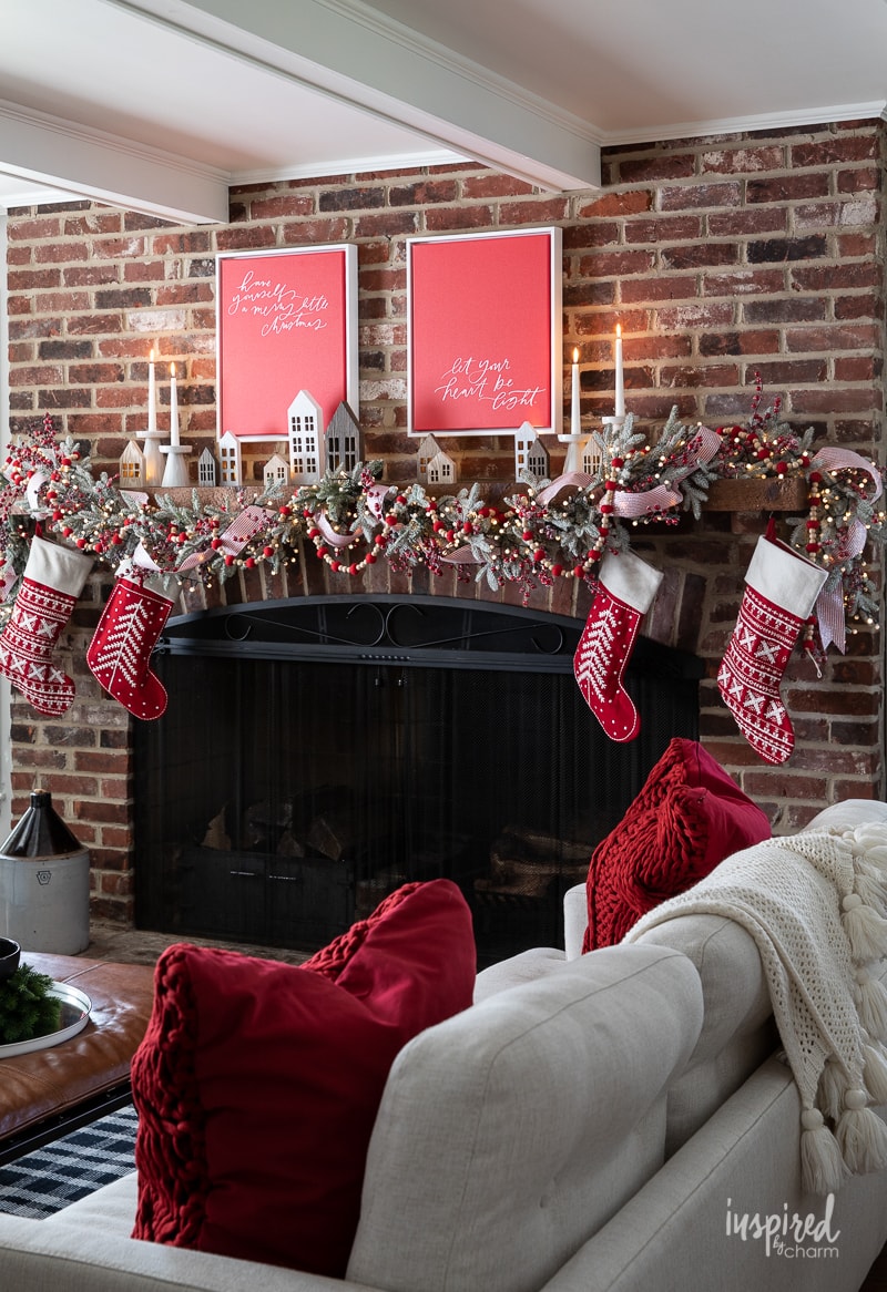 Magical and Cozy Fireplace Christmas Decorations #christmas #mantel #fireplace #decor #decorations #holiday #garland #stocking #cozy