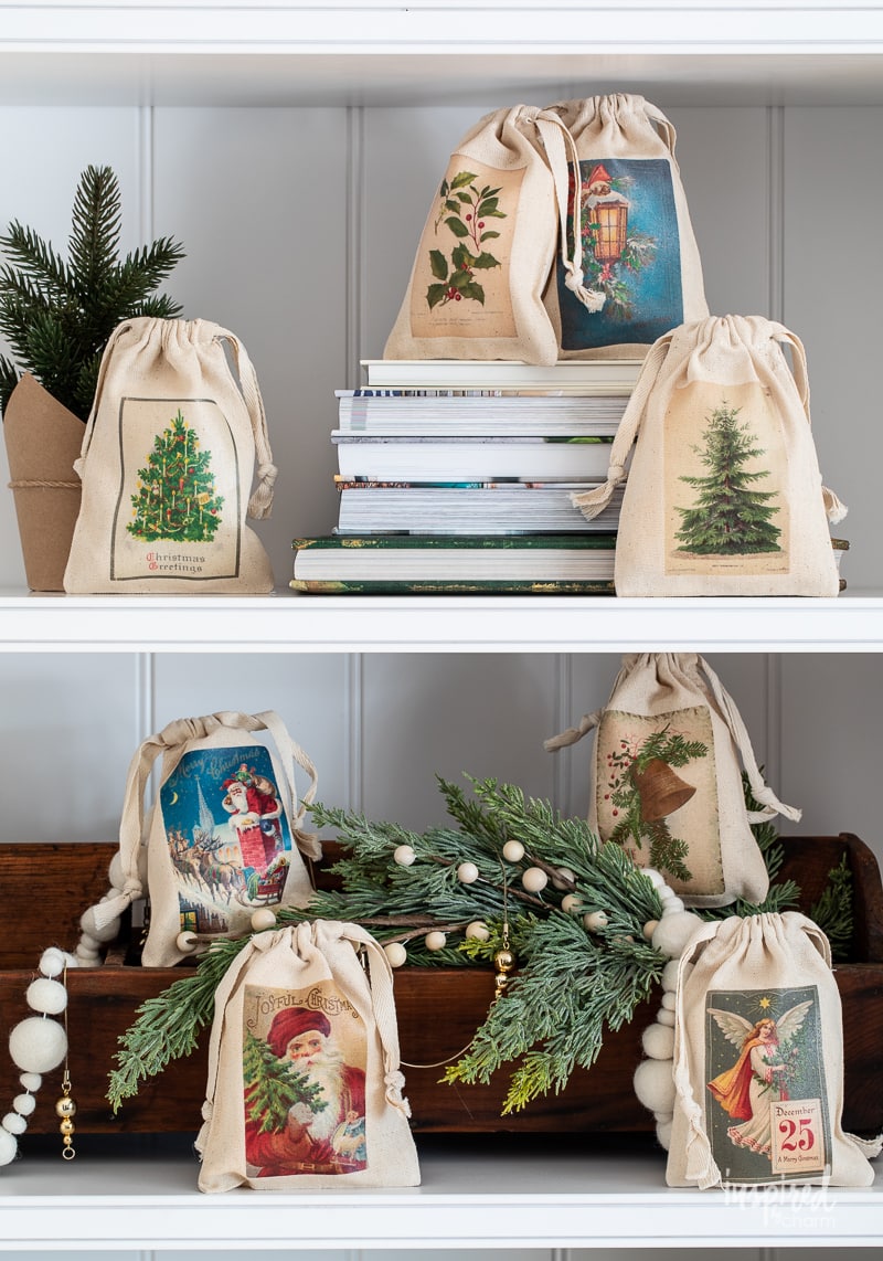 Vintage-Inspired Christmas Gift Bags #craft #christmas #holiday #giftbags #gift #printable #transfer #giftideas #vintage #vintagechristmas