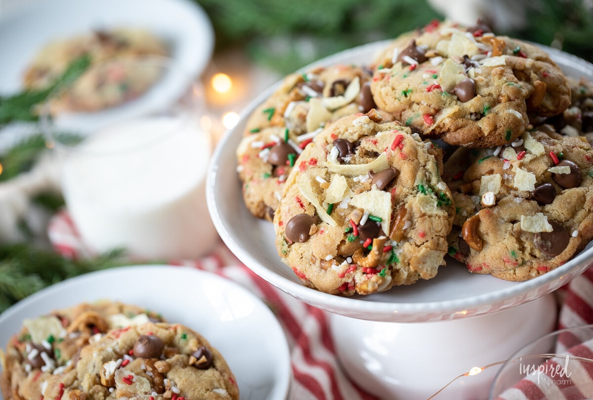 kitchen sink cookies on a cake stand.