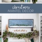 Living Room Christmas Mantel Decor #livingroom #mantel #christmas #fireplace #holiday #decor #bookshelf #bookcase #garland