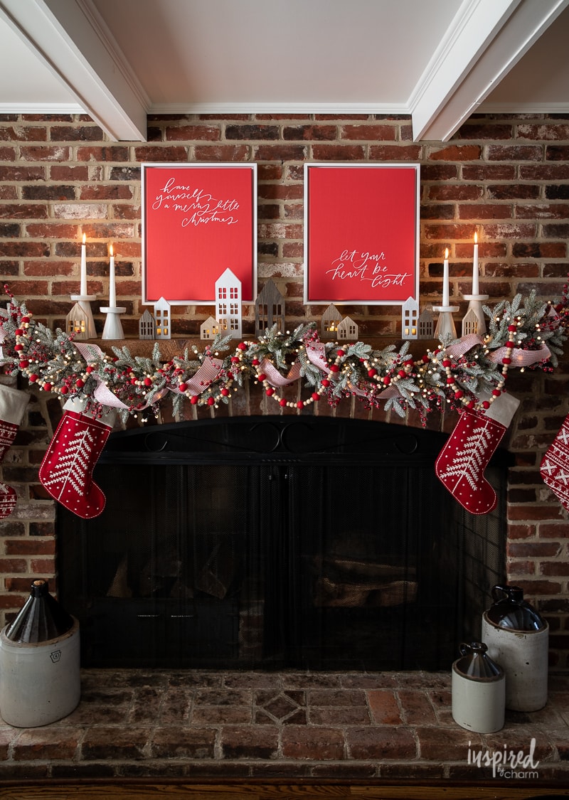Magical and Cozy Fireplace Christmas Decorations #christmas #mantel #fireplace #decor #decorations #holiday #garland #stocking #cozy