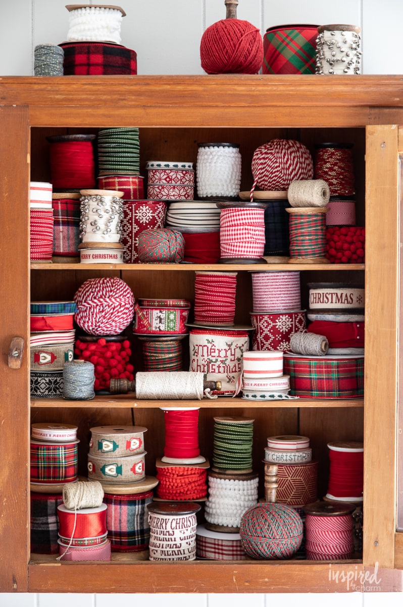 My Christmas Ribbon Cabinet #christmas #ribbon #wrapping #decor #decorations #holiday #christmasribbon 