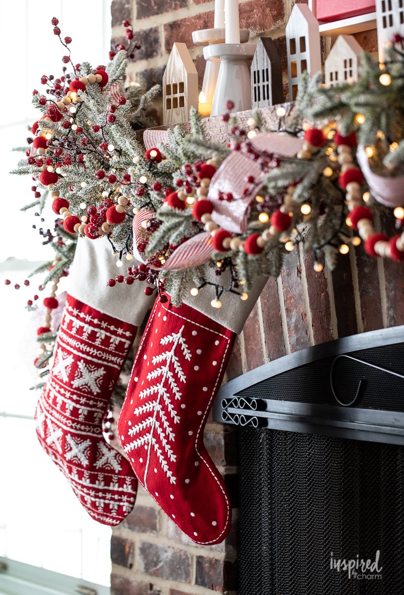 Magical and Cozy Fireplace Christmas Decorations #christmas #mantel #fireplace #decor #decorations #holiday #garland #stocking #cozy
