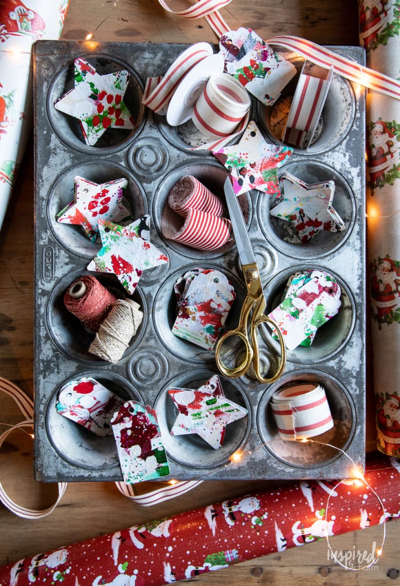 Abstract art Holiday Gift Tags displayed on a table. 