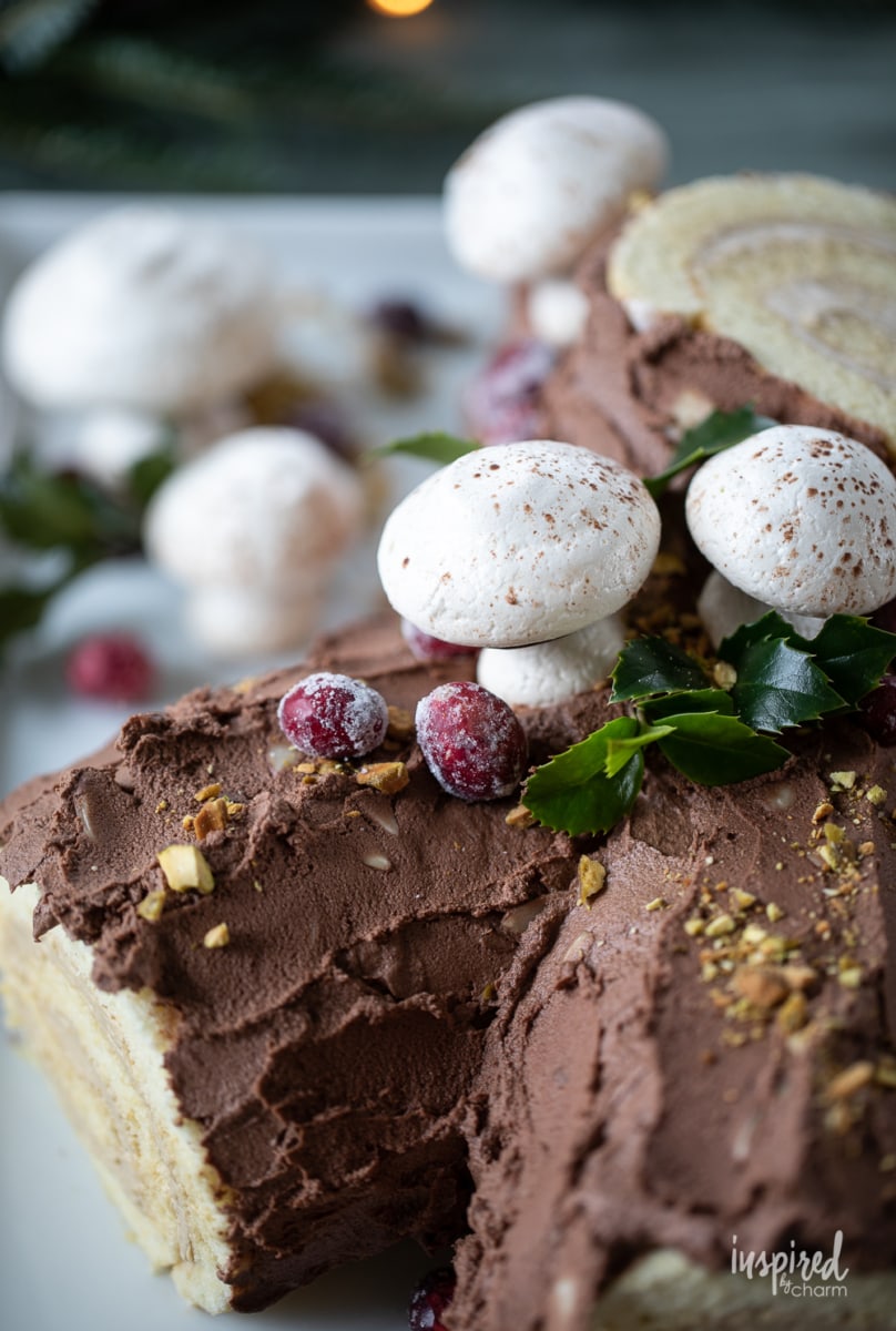 Meringue Mushrooms on a Yule log.