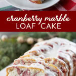 Cranberry Marble Loaf Cake served on plates on a festive christmas table.