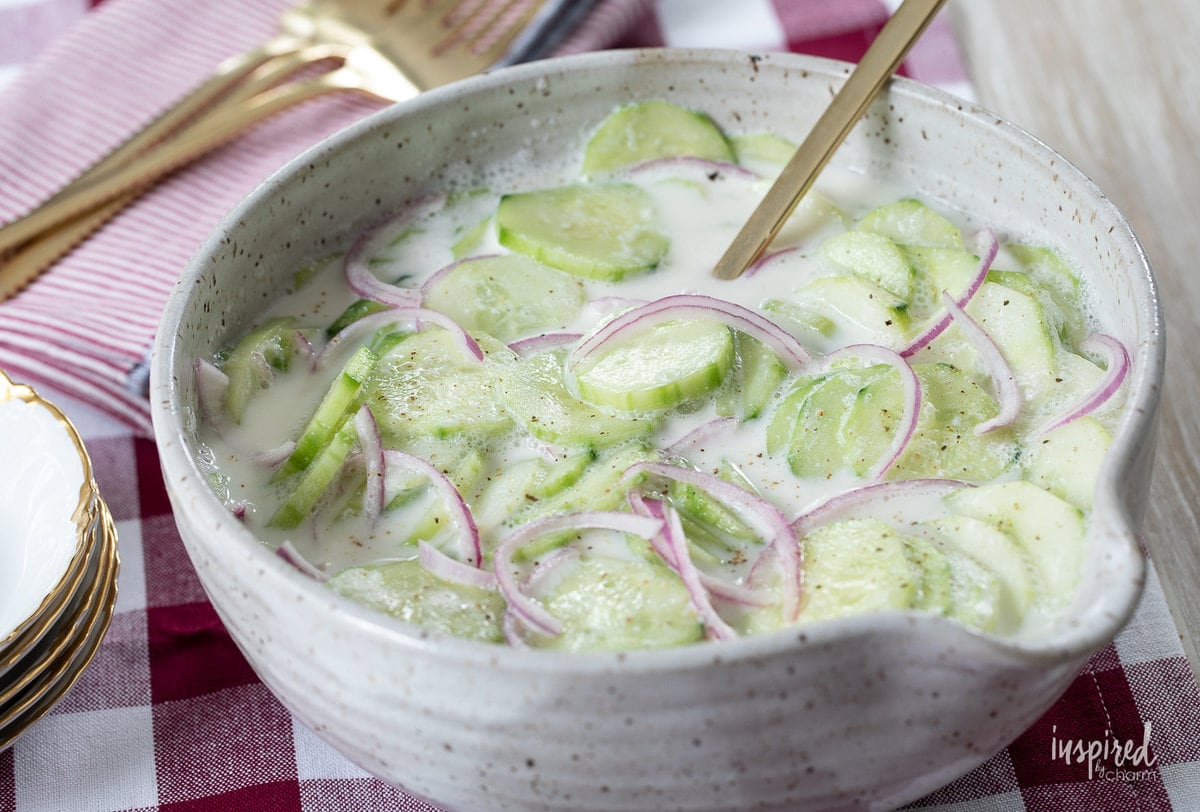 Creamed Cucumber Salad in bowl.