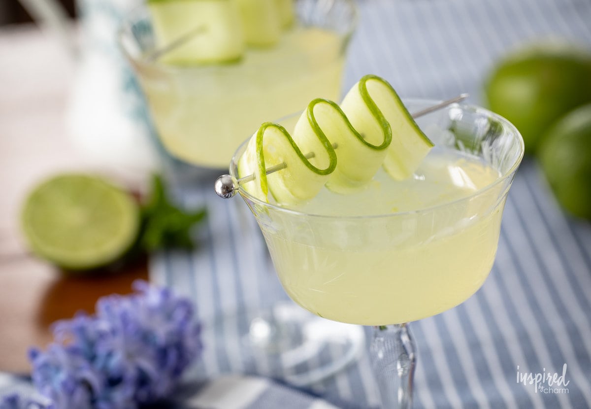 cucumber martini in coupe glass.