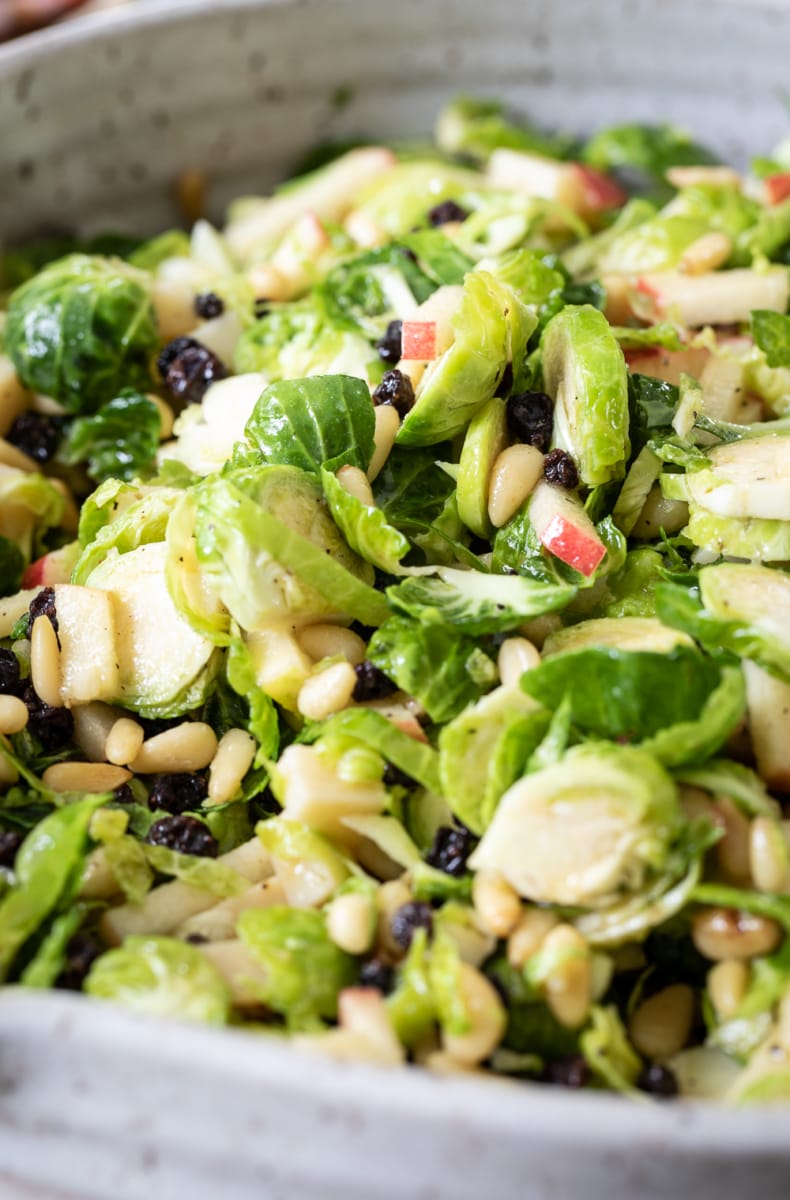 easy Shaved Brussels Sprout Salad side dish in a large bowl.