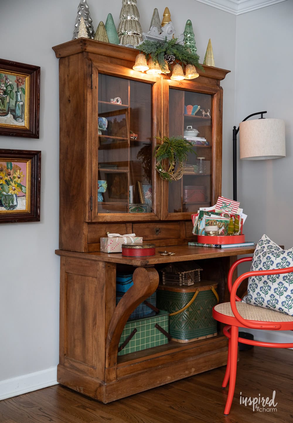 secretary desk with christmas decor. 