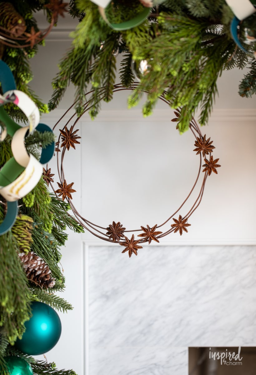 large diy anise wreath on mantel.