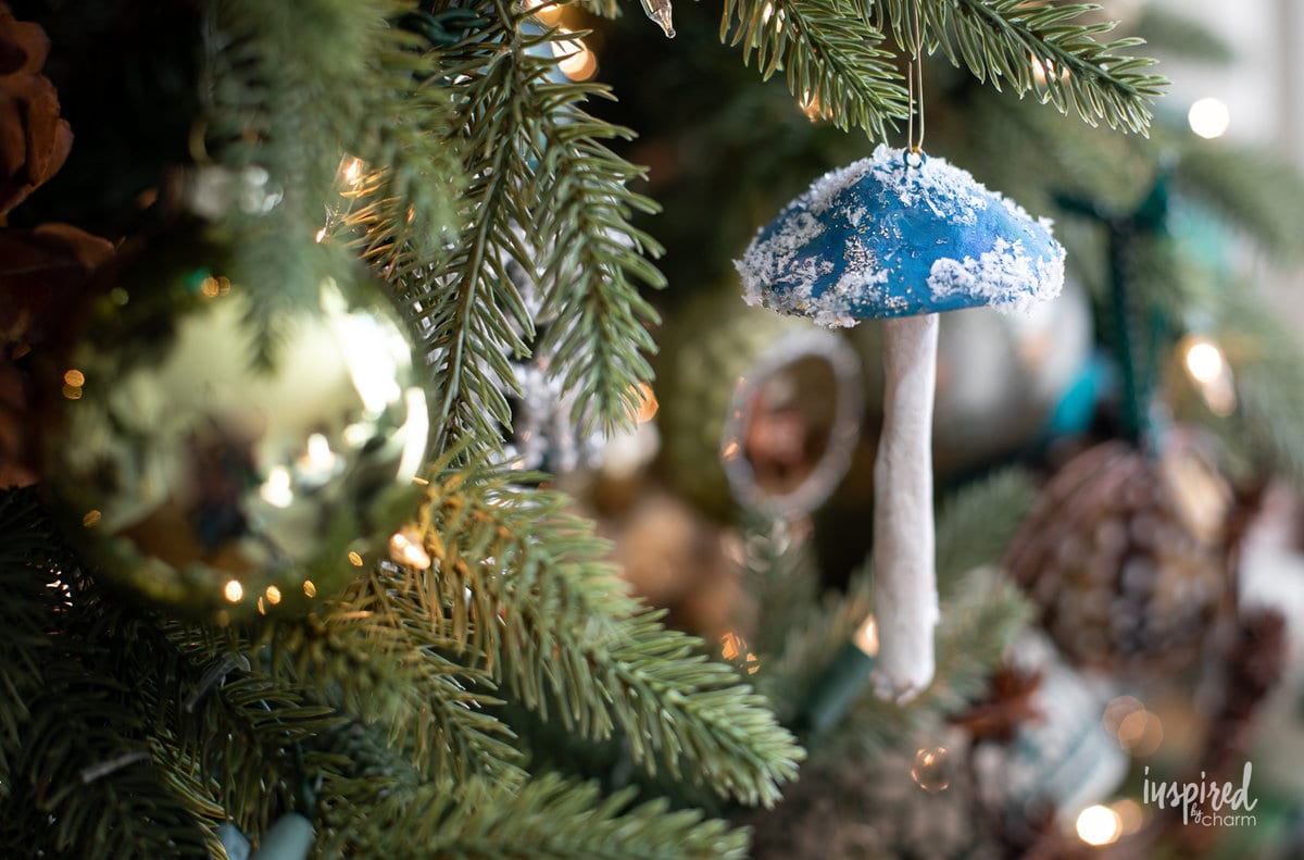 DIY Clay Mushroom Ornament on a Christmas tree.