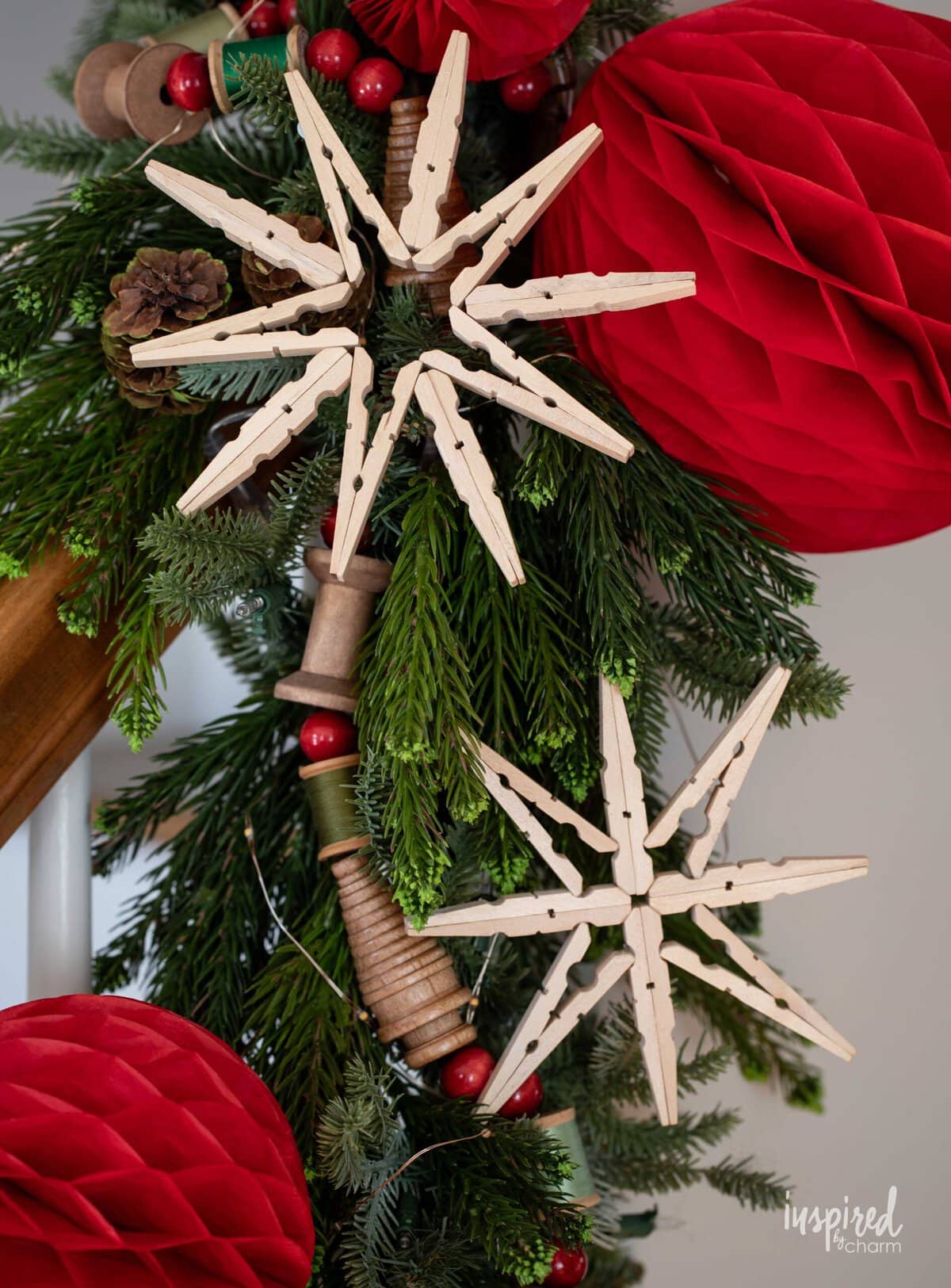 Clothespin Snowflakes on a Christmas garland.