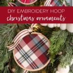 DIY Embroidery Hoop Christmas Ornaments on pine with lights and felt garland.